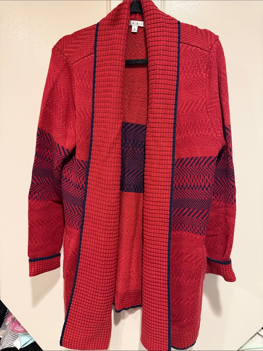 CAbi Red Knit Open-Front Shawl Collar Cardigan with Navy Accents